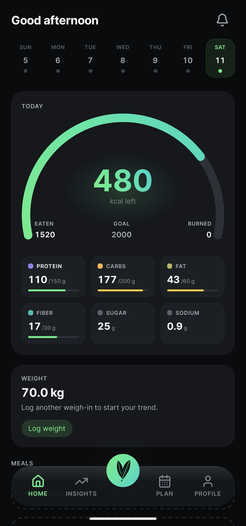 The Vyra app home screen: a gradient calorie gauge showing 860 kcal left, protein, carbs, fat, fiber against goals, and a week of logged days.